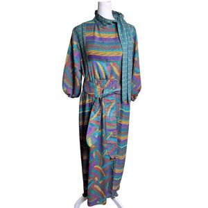 Vintage Kanga Collection London Maxi Dress Abstract Geometric Print Scarf Neck
